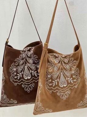 Faux Suede Embroidered Hobo Bag - Brown or Tan